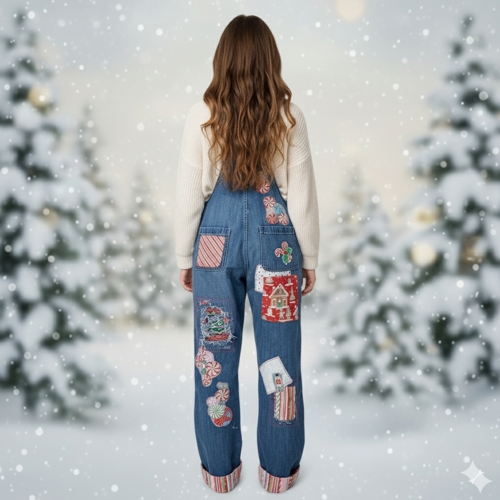 Gap Upcycled Custom Holiday Patchwork Overalls Xs… - image 2